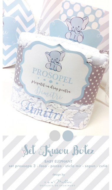 Trusou de botez cu broderie personalizata pentru baieti, Bleu & Grey Elephant 1